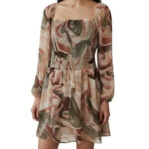 EXPRESS Chiffon Splashed Watercolor Balloon‎ Sleeve Tiered Dress NWT $88 Large